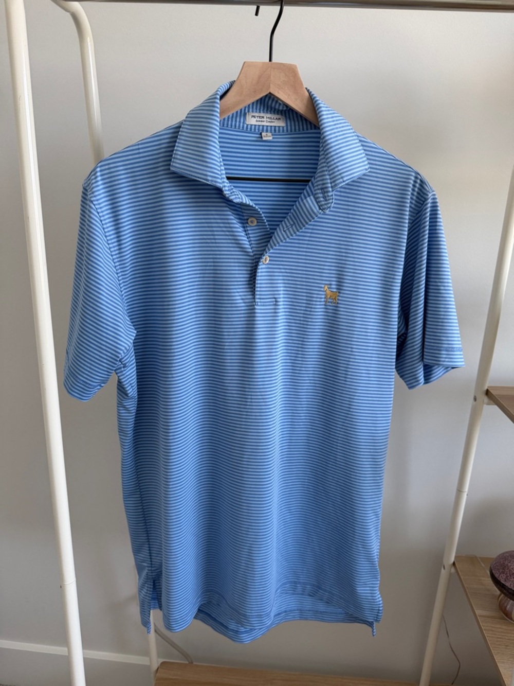 Peter Millar Light Blue Striped Polo with Gold Emblem